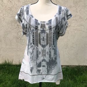 One World Embellished Boho Cap-Sleeve Top Sz S